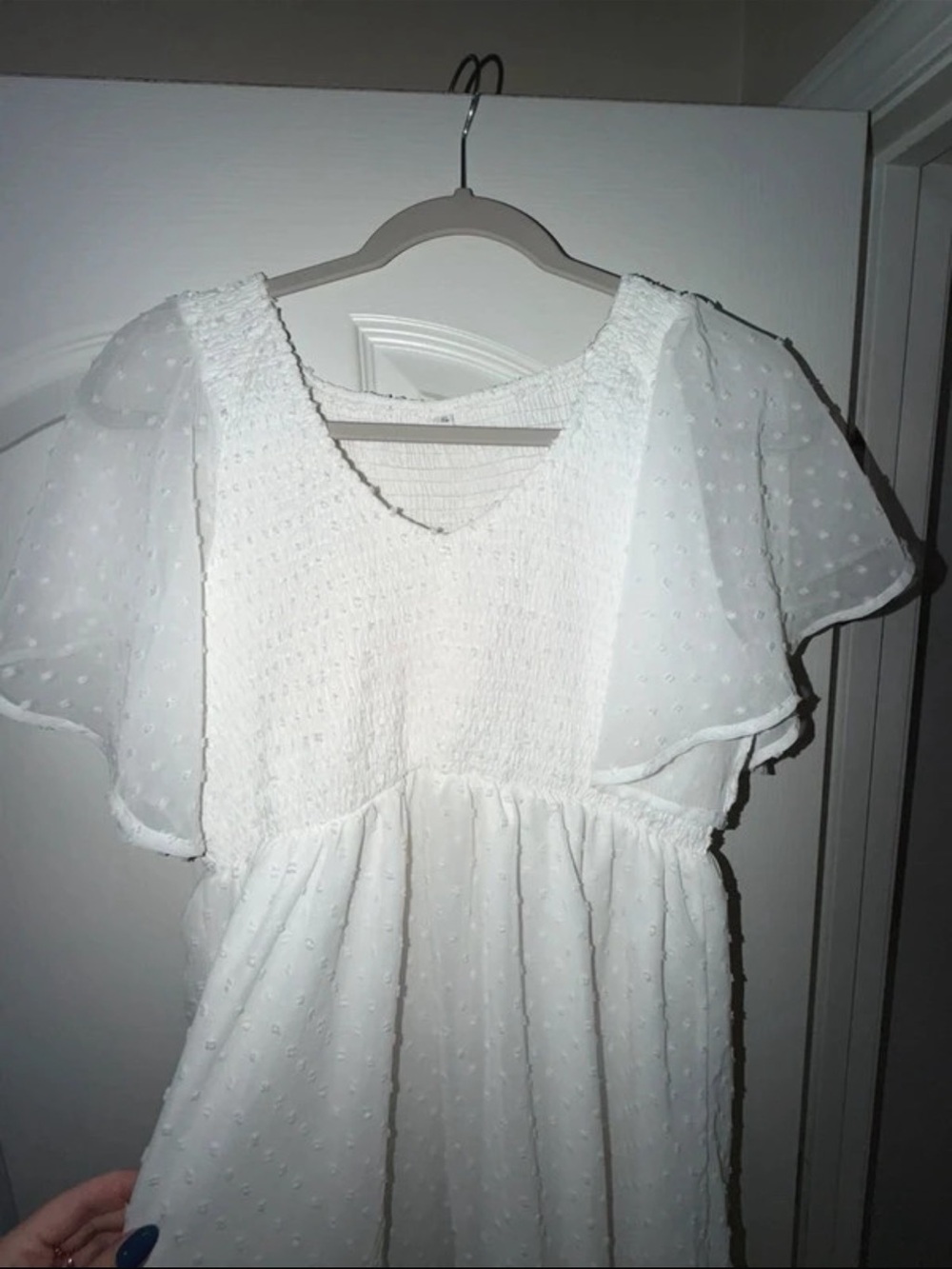 White Flutter Sleeve Smocked Bodice Women’s Dress